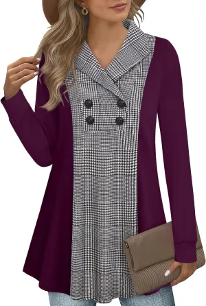 Bebonnie Womens Long Sleeve Casual V Neck Sweatshirts Pullover Tunic Tops with Buttons