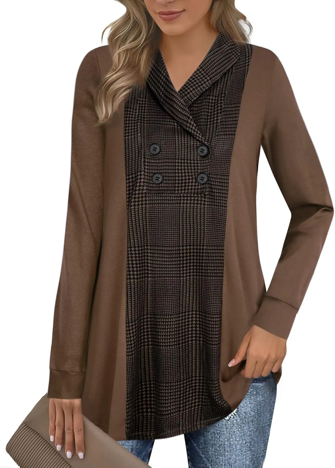 Bebonnie Womens Long Sleeve Casual V Neck Sweatshirts Pullover Tunic Tops with Buttons