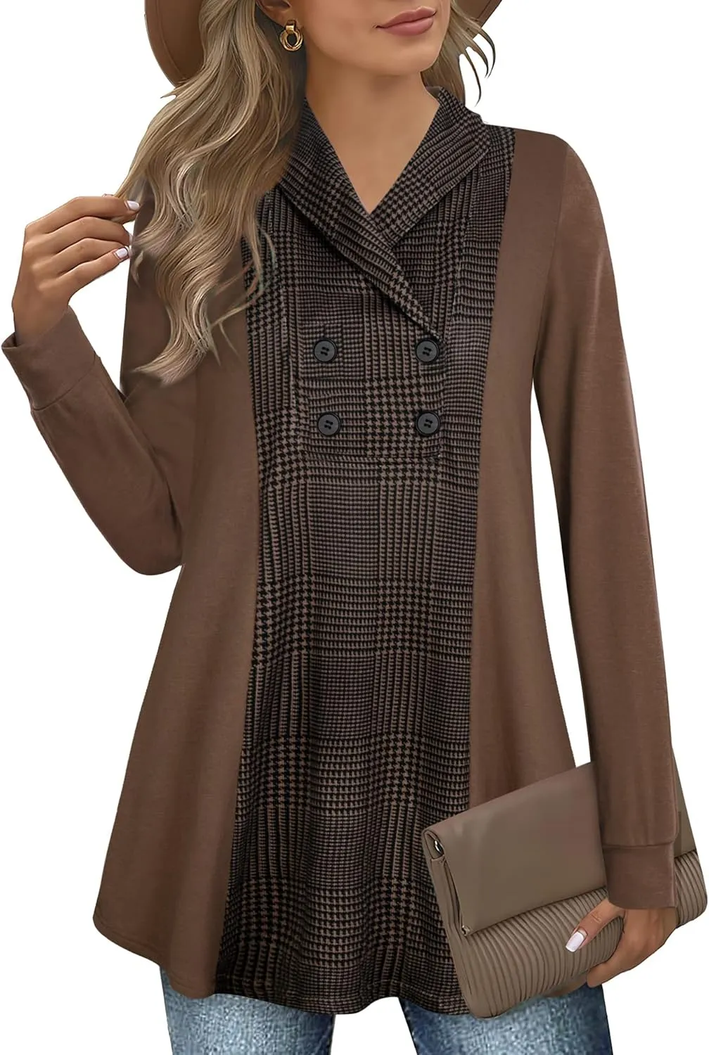 Bebonnie Womens Long Sleeve Casual V Neck Sweatshirts Pullover Tunic Tops with Buttons