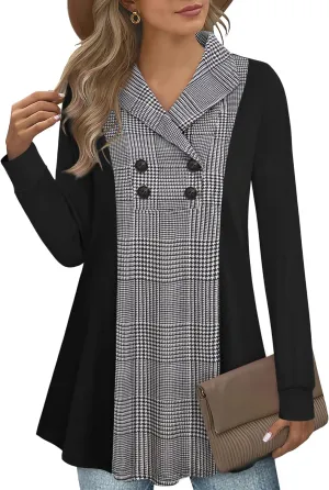 Bebonnie Womens Long Sleeve Casual V Neck Sweatshirts Pullover Tunic Tops with Buttons