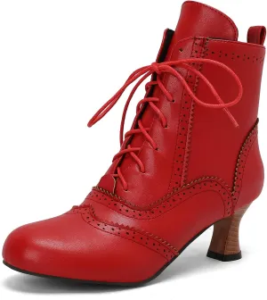 Betastella Womens Vintage Renaissance Boots Kitten Heel Lace Up Victorian Boots Round Toe Chunky Heel Ankle Boots Wingtip Brogue Witch Booties