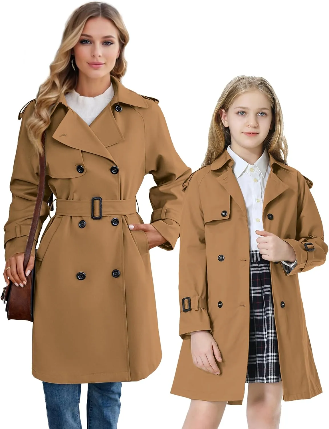 Betusline Girls & Women's Trench Coat Double Breasted Classic Lapel Outerwear, 3 Years - Women 2XL