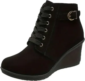 Black Ankle Boots for Women Wedge Boots for Women Fashion Women Square Heels Zipper Short Booties Round Toe Shoes