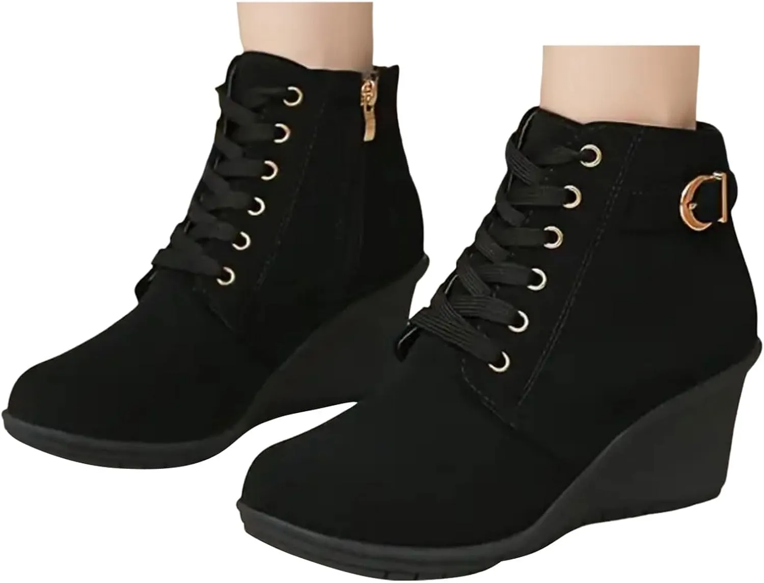 Black Ankle Boots for Women Wedge Boots for Women Fashion Women Square Heels Zipper Short Booties Round Toe Shoes