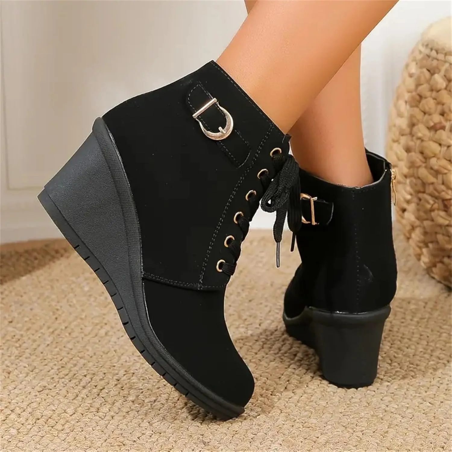 Black Ankle Boots for Women Wedge Boots for Women Fashion Women Square Heels Zipper Short Booties Round Toe Shoes