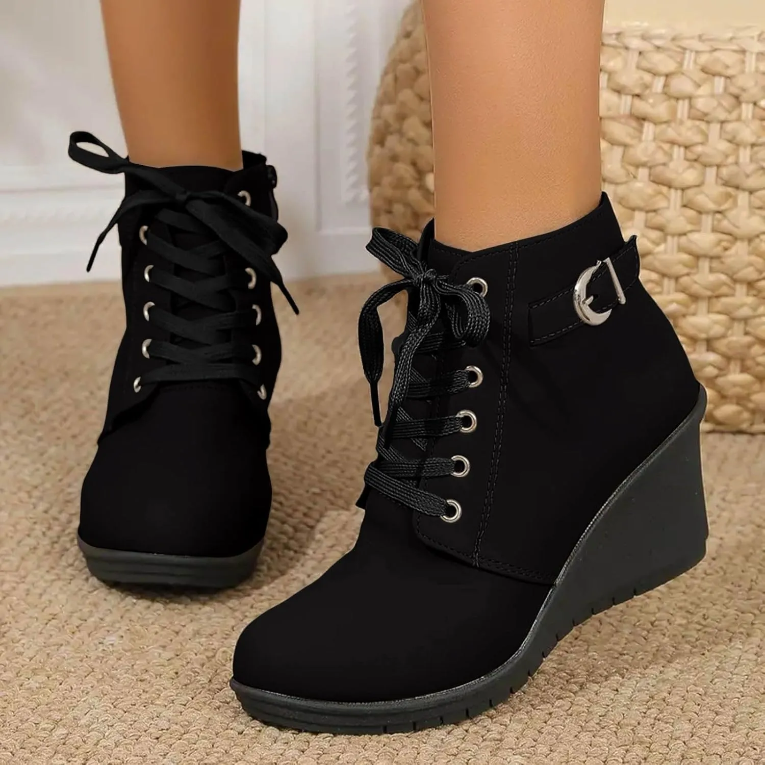 Black Ankle Boots for Women Wedge Boots for Women Fashion Women Square Heels Zipper Short Booties Round Toe Shoes