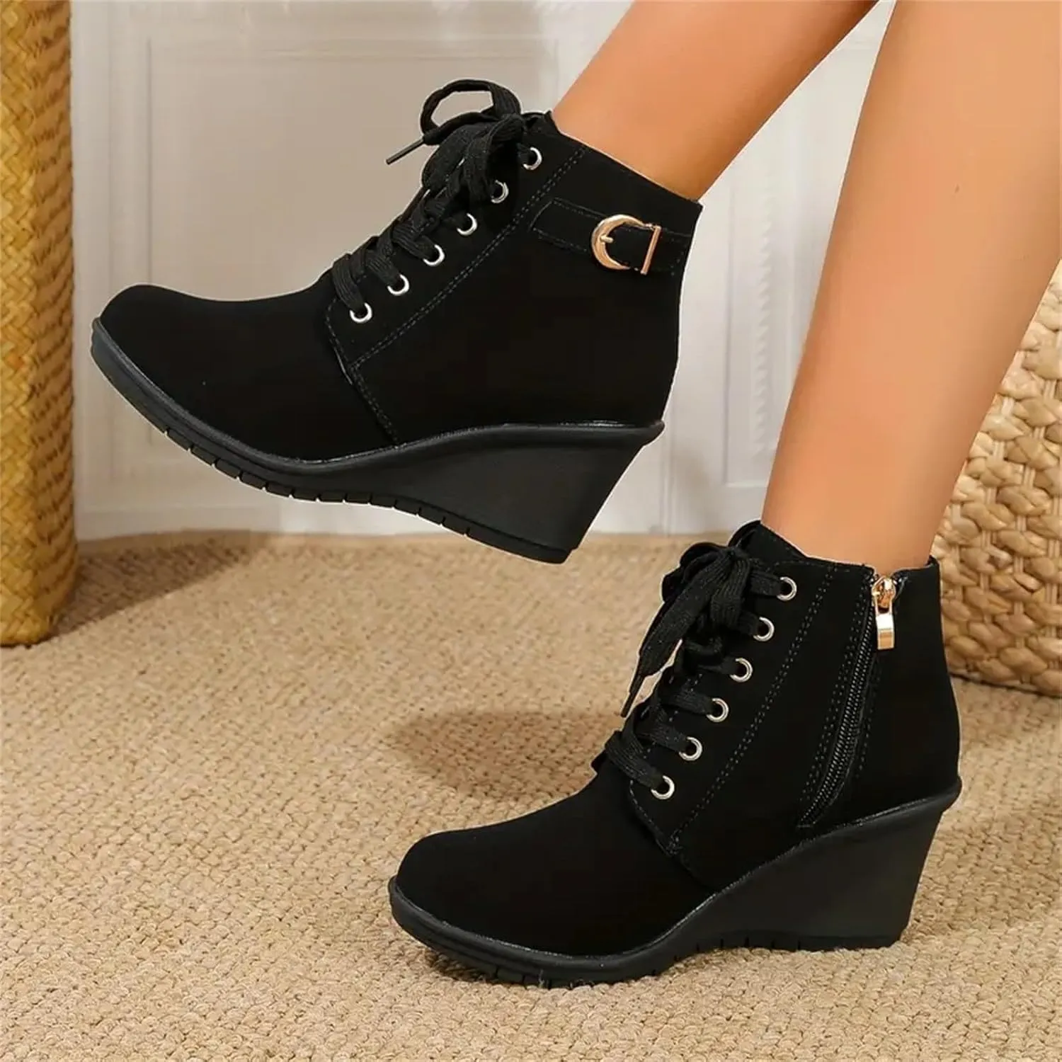 Black Ankle Boots for Women Wedge Boots for Women Fashion Women Square Heels Zipper Short Booties Round Toe Shoes