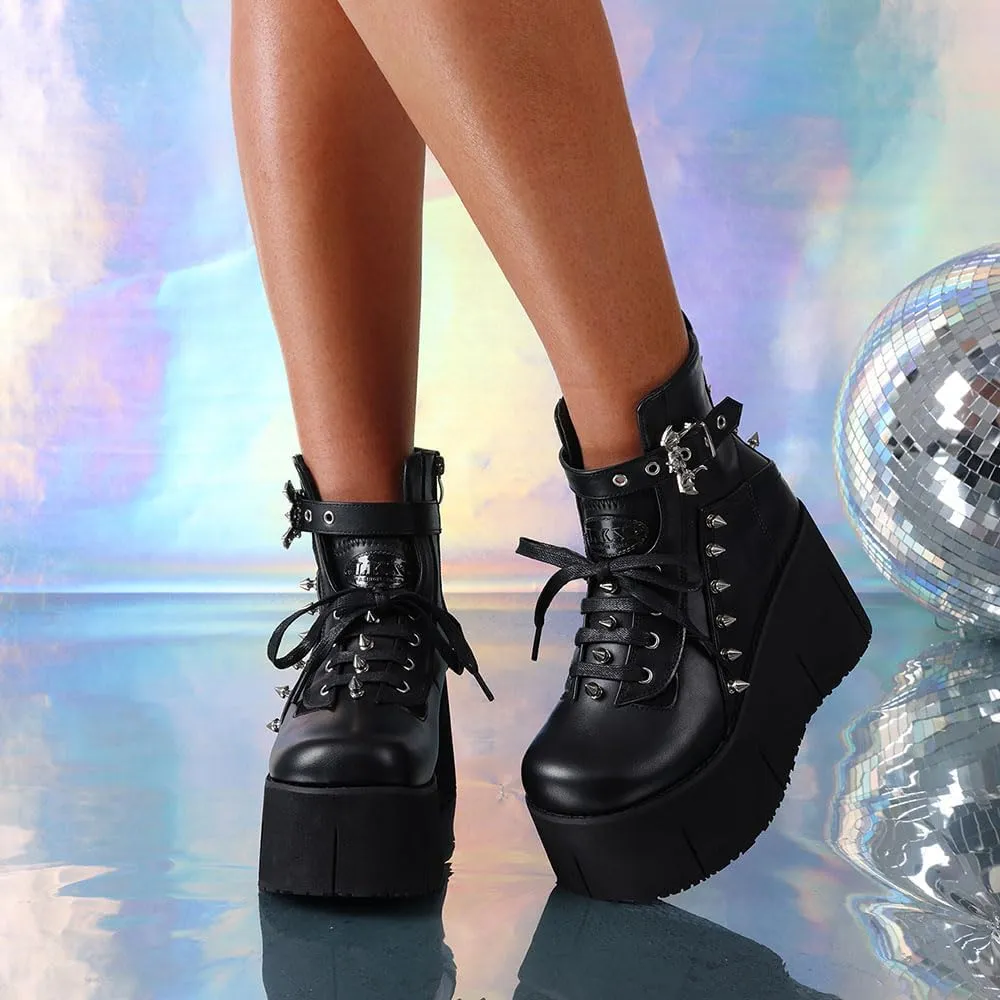 Black Platform Ankle Boots for Women Goth Rave Shoes Punk Rivet Lace Up Zipper Round Toe Wedge Chunky High Heels Buckle Booties