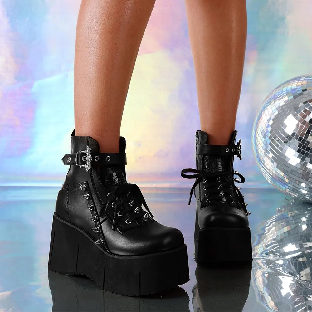 Black Platform Ankle Boots for Women Goth Rave Shoes Punk Rivet Lace Up Zipper Round Toe Wedge Chunky High Heels Buckle Booties