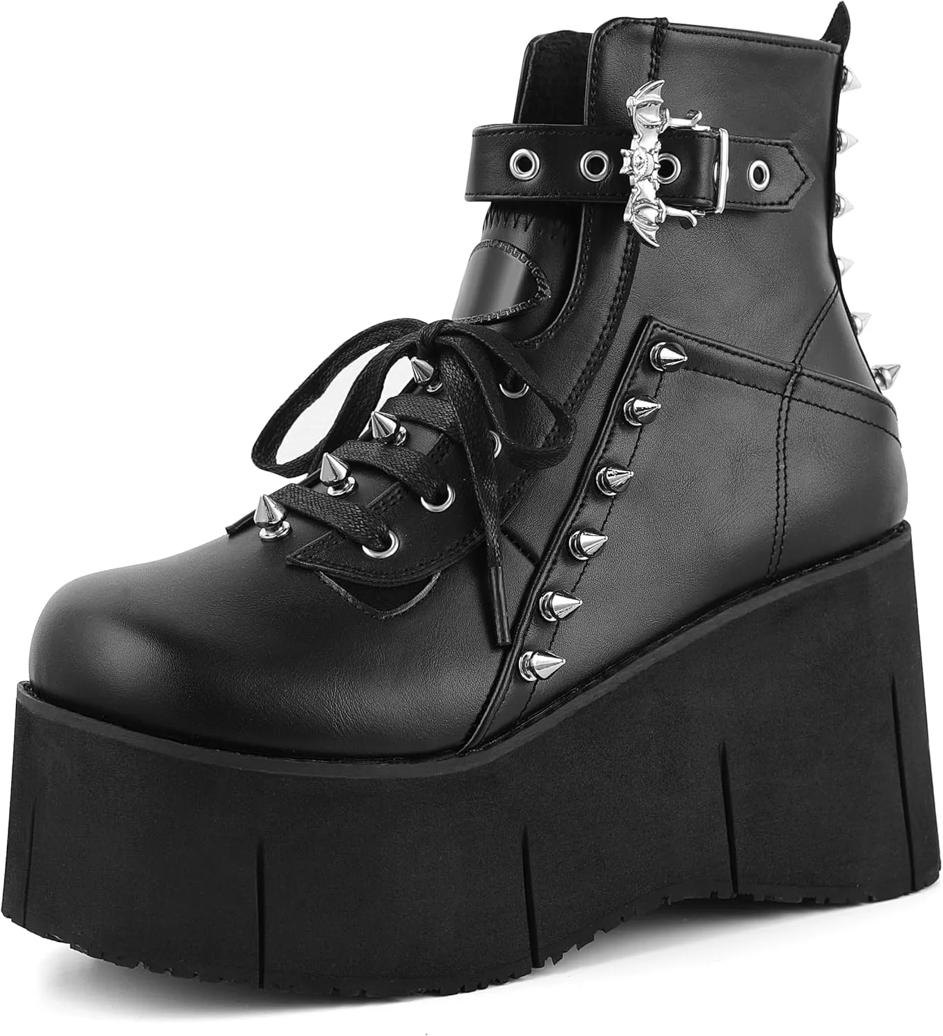 Black Platform Ankle Boots for Women Goth Rave Shoes Punk Rivet Lace Up Zipper Round Toe Wedge Chunky High Heels Buckle Booties