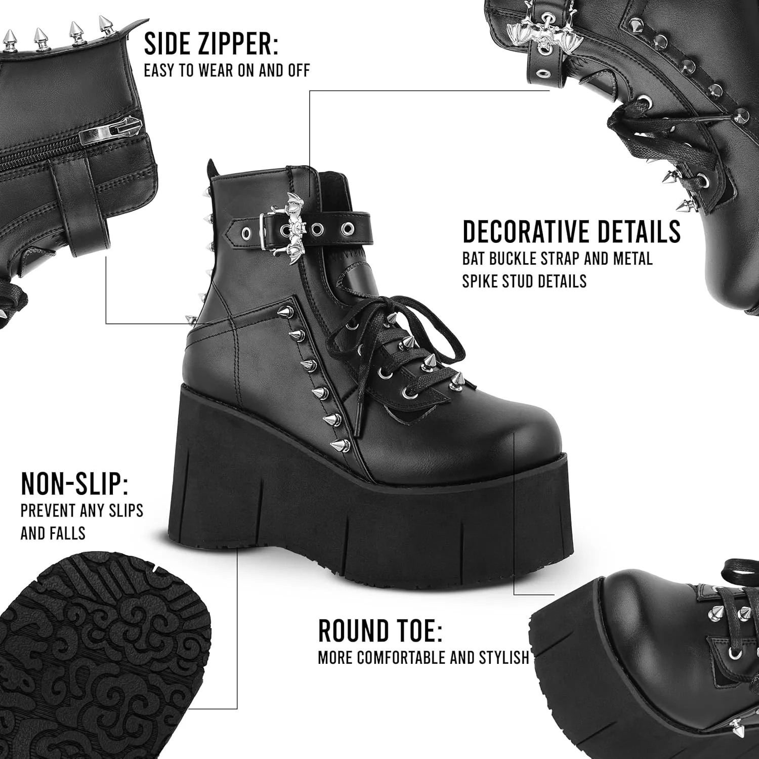 Black Platform Ankle Boots for Women Goth Rave Shoes Punk Rivet Lace Up Zipper Round Toe Wedge Chunky High Heels Buckle Booties
