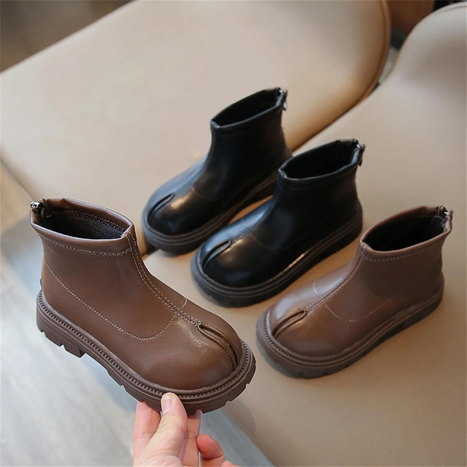 Black Platform Booties Girls Zipper Shoes Outdoor Warm Non Slip Soft Sole Booties Classic Water Proof Girls Rains Boots