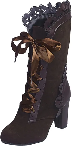 Boots for Women Victorian Mid Calf Boots Dressy Vintage Fashion Boots Sweet Floral Lace High Heel Western Booties