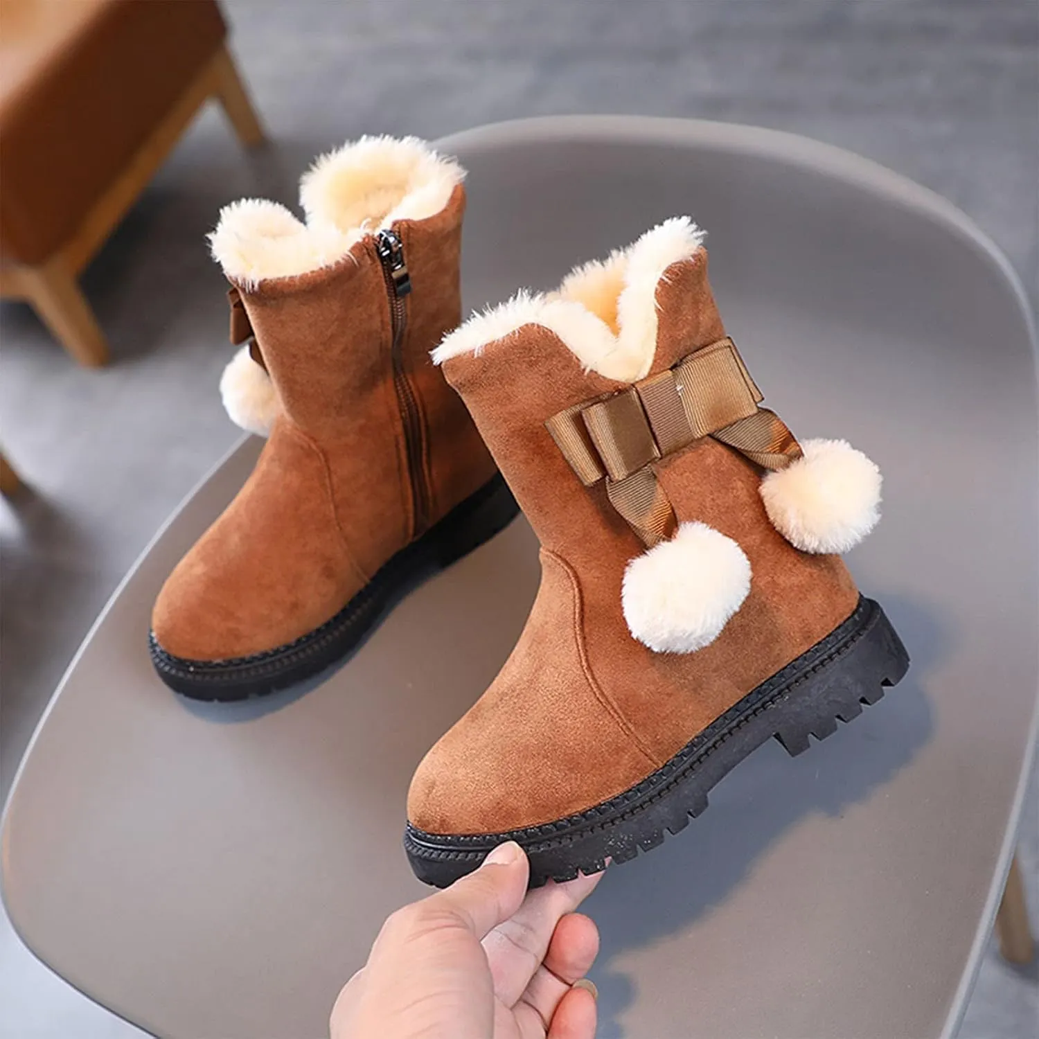 Boys F𝐮r Lined Boots Toddler Baby Girls Winter Warm Furry Plush Snow Booties Cozy Slip On With Zipper Flat Shoes