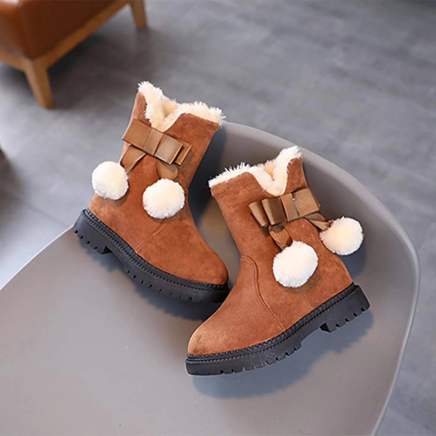 Boys F𝐮r Lined Boots Toddler Baby Girls Winter Warm Furry Plush Snow Booties Cozy Slip On With Zipper Flat Shoes