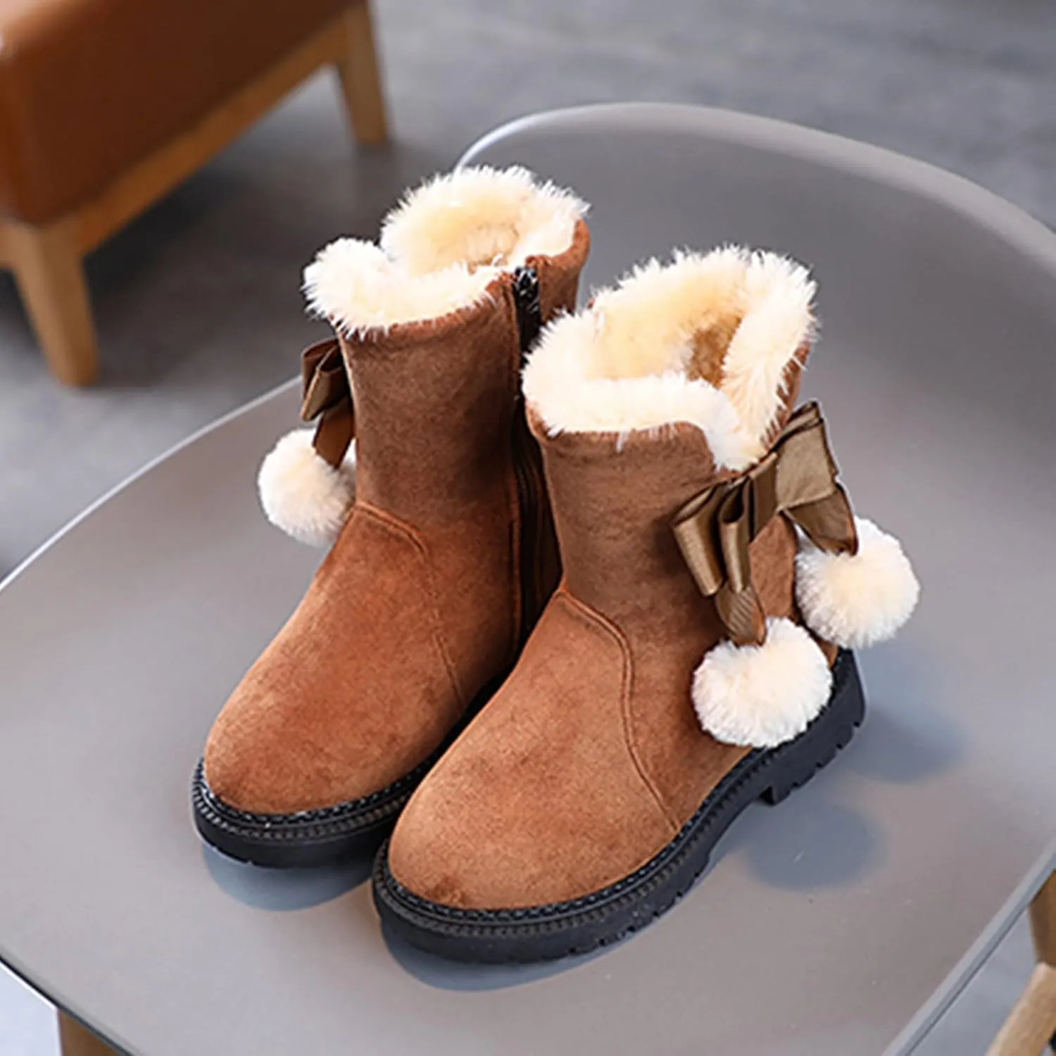 Boys F𝐮r Lined Boots Toddler Baby Girls Winter Warm Furry Plush Snow Booties Cozy Slip On With Zipper Flat Shoes