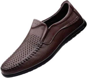 Breathable Slip-On Loafers for Men, Hollow Leather Dress Shoes, Casual Business Flats, Comfortable Outdoor Footwear for Men, Lightweight Slip-On Leather Shoes for Business and Casual Wear
