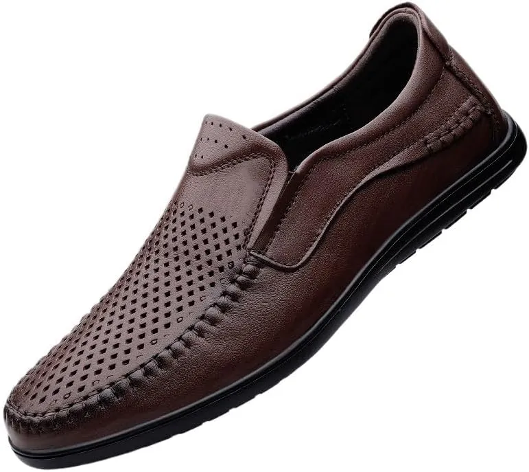 Breathable Slip-On Loafers for Men, Hollow Leather Dress Shoes, Casual Business Flats, Comfortable Outdoor Footwear for Men, Lightweight Slip-On Leather Shoes for Business and Casual Wear
