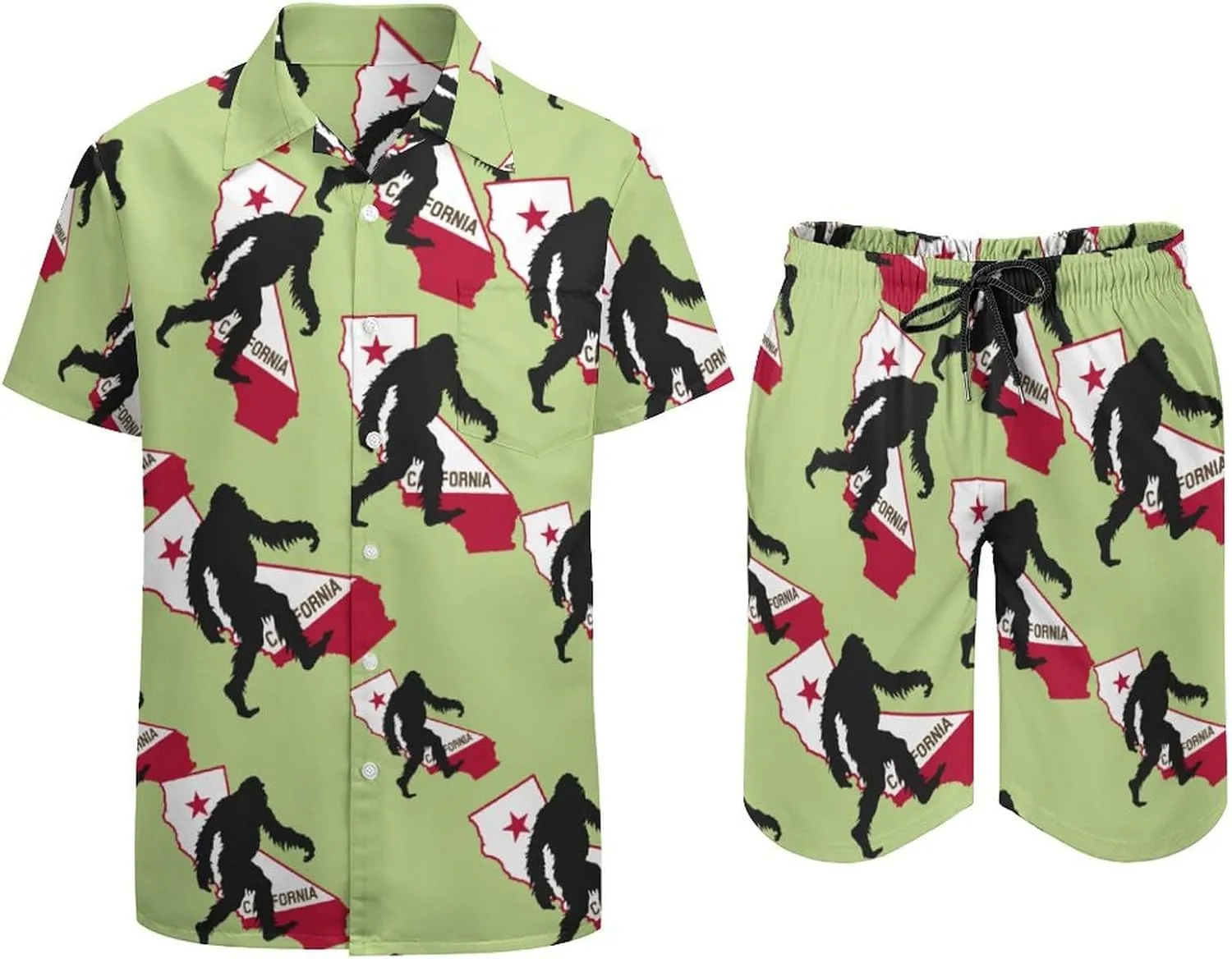 California State Bigfoot Classic Mens 2 Piece Outfits Hawaiian Beach Shirts Shorts Vacation Matching Set