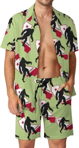 California State Bigfoot Classic Mens 2 Piece Outfits Hawaiian Beach Shirts Shorts Vacation Matching Set