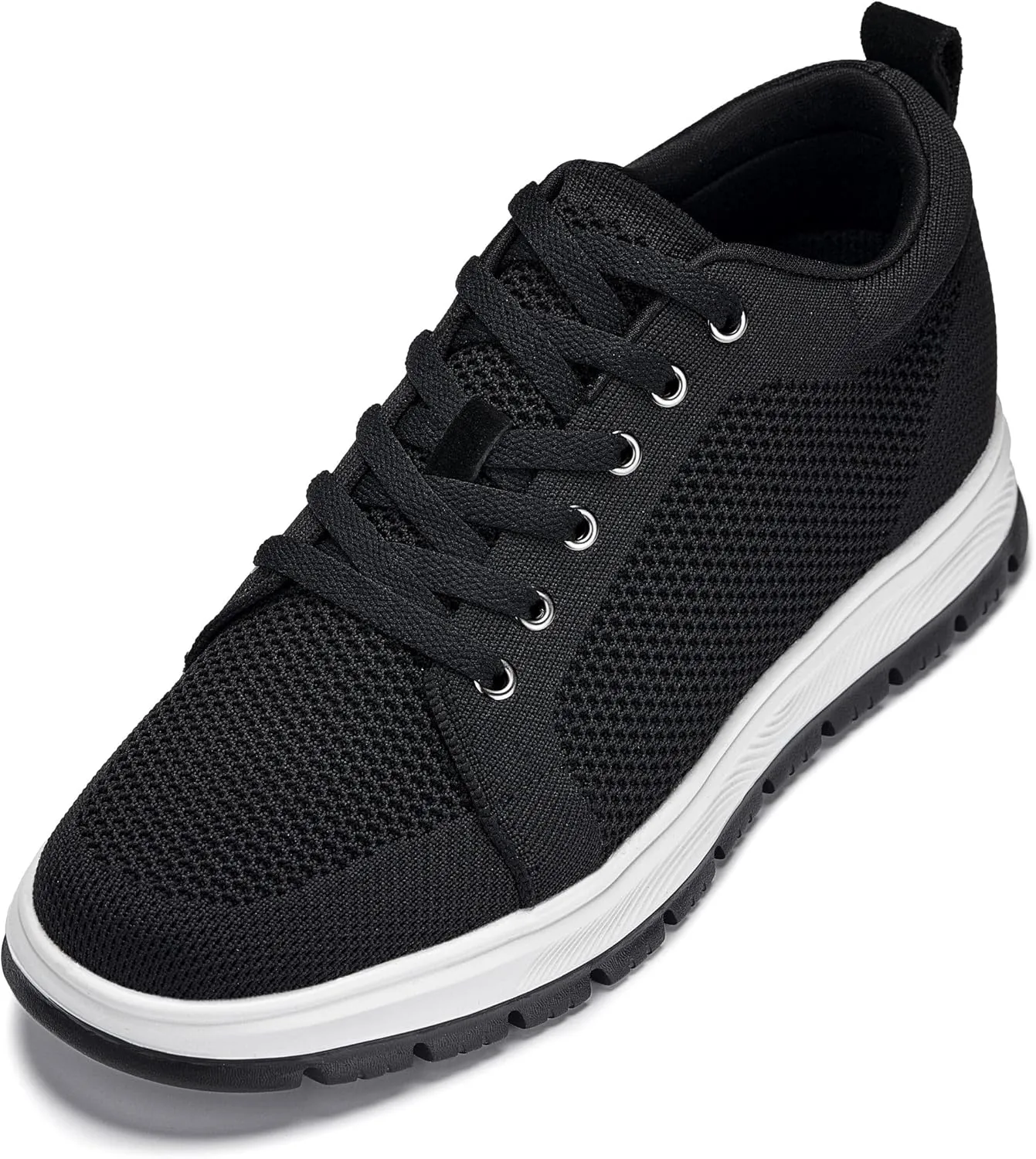 CALTO Men's Invisible Height Increasing Elevator Casual Shoes - Black/White & Black Sole Light-Weight Lace-up Knitted Casual Sporty Sneakers - 2.4 Inches Taller - X2322 - Size 10 D(M) US