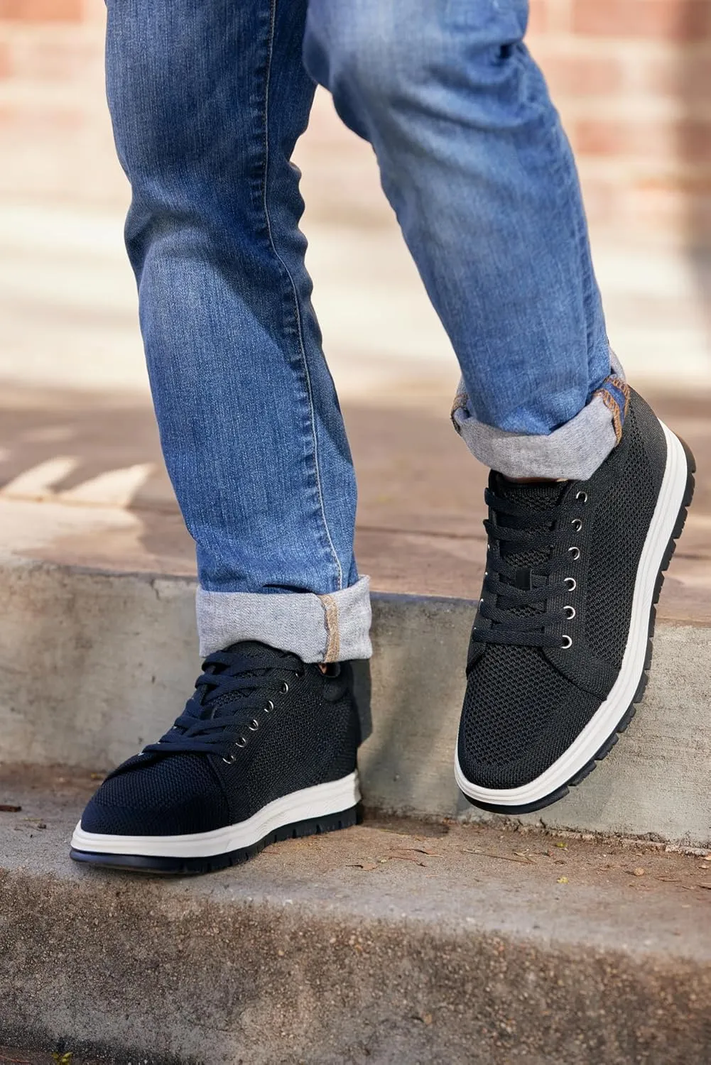 CALTO Men's Invisible Height Increasing Elevator Casual Shoes - Black/White & Black Sole Light-Weight Lace-up Knitted Casual Sporty Sneakers - 2.4 Inches Taller - X2322 - Size 10 D(M) US