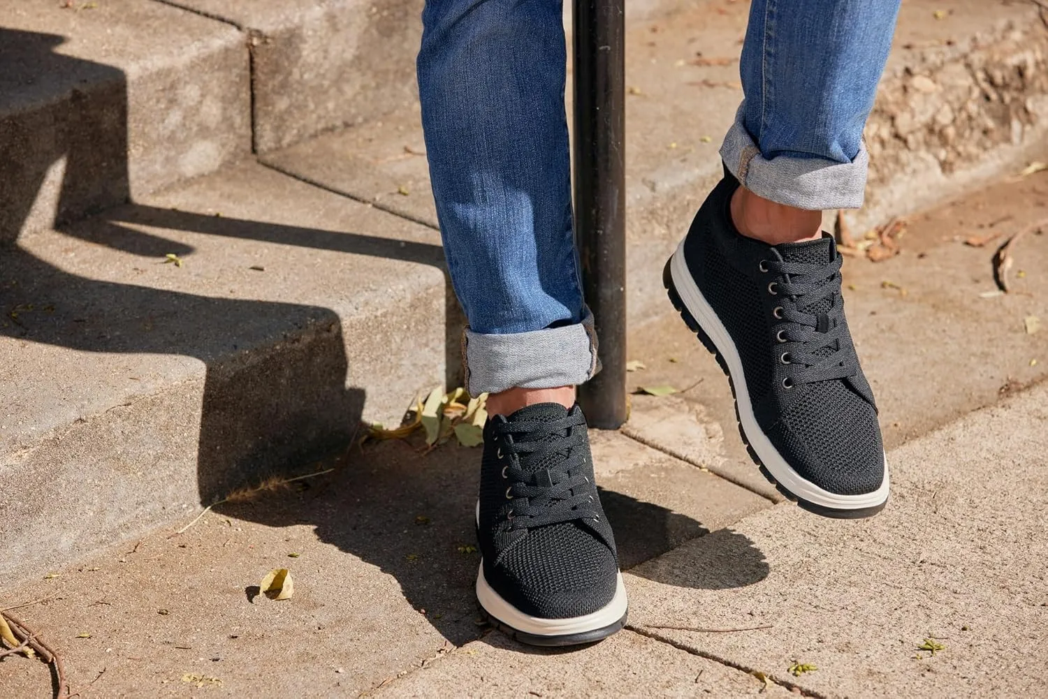 CALTO Men's Invisible Height Increasing Elevator Casual Shoes - Black/White & Black Sole Light-Weight Lace-up Knitted Casual Sporty Sneakers - 2.4 Inches Taller - X2322 - Size 10 D(M) US