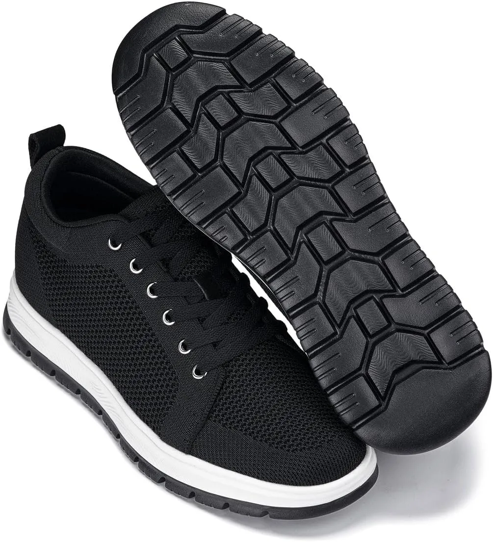 CALTO Men's Invisible Height Increasing Elevator Casual Shoes - Black/White & Black Sole Light-Weight Lace-up Knitted Casual Sporty Sneakers - 2.4 Inches Taller - X2322 - Size 10 D(M) US