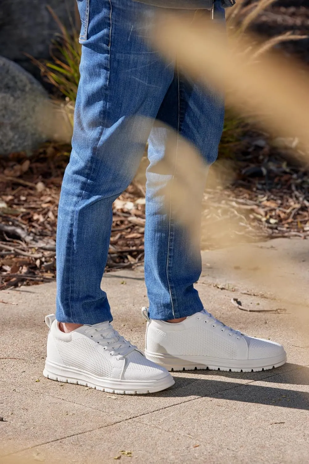 CALTO Men's Invisible Height Increasing Elevator Casual Shoes - White/White Sole Light-Weight Lace-up Knitted Casual Sporty Sneakers - 2.4 Inches Taller - X2321 - Size 7 D(M) US