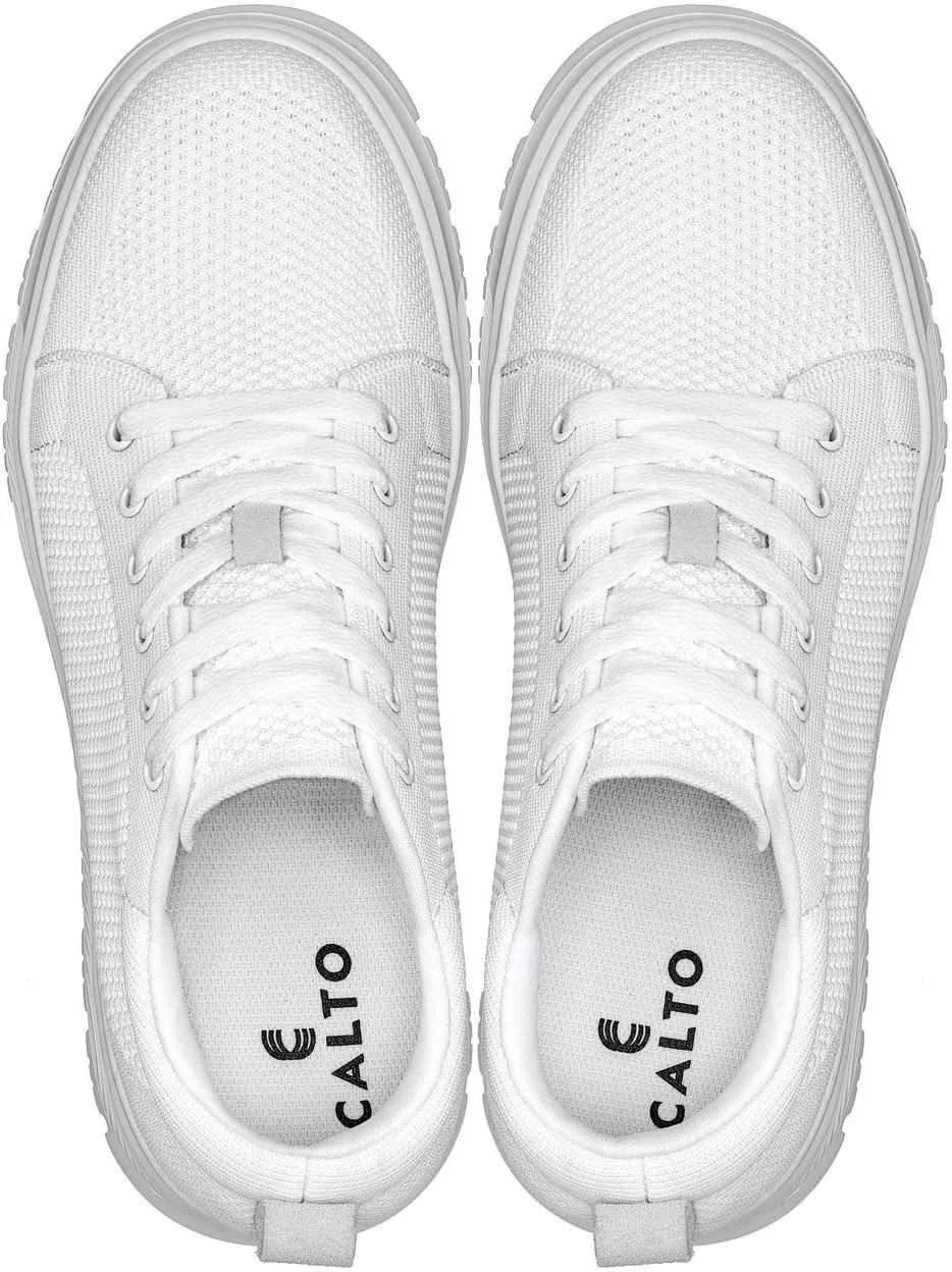 CALTO Men's Invisible Height Increasing Elevator Casual Shoes - White/White Sole Light-Weight Lace-up Knitted Casual Sporty Sneakers - 2.4 Inches Taller - X2321 - Size 7 D(M) US