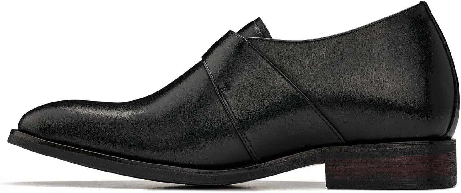 CALTO Men's Invisible Height Increasing Elevator Shoes - Black Leather Slip-on Monk-Strap Dress Loafers - 2.8 Inches Taller - Y7254 - Size 9 D(M) US