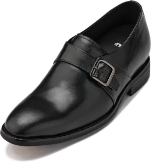 CALTO Men's Invisible Height Increasing Elevator Shoes - Black Leather Slip-on Monk-Strap Dress Loafers - 2.8 Inches Taller - Y7254 - Size 9 D(M) US
