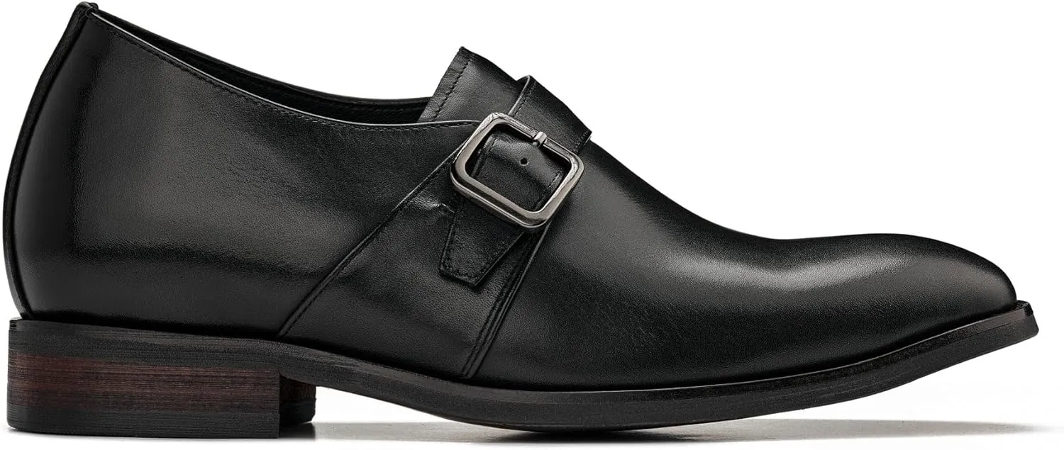 CALTO Men's Invisible Height Increasing Elevator Shoes - Black Leather Slip-on Monk-Strap Dress Loafers - 2.8 Inches Taller - Y7254 - Size 9 D(M) US