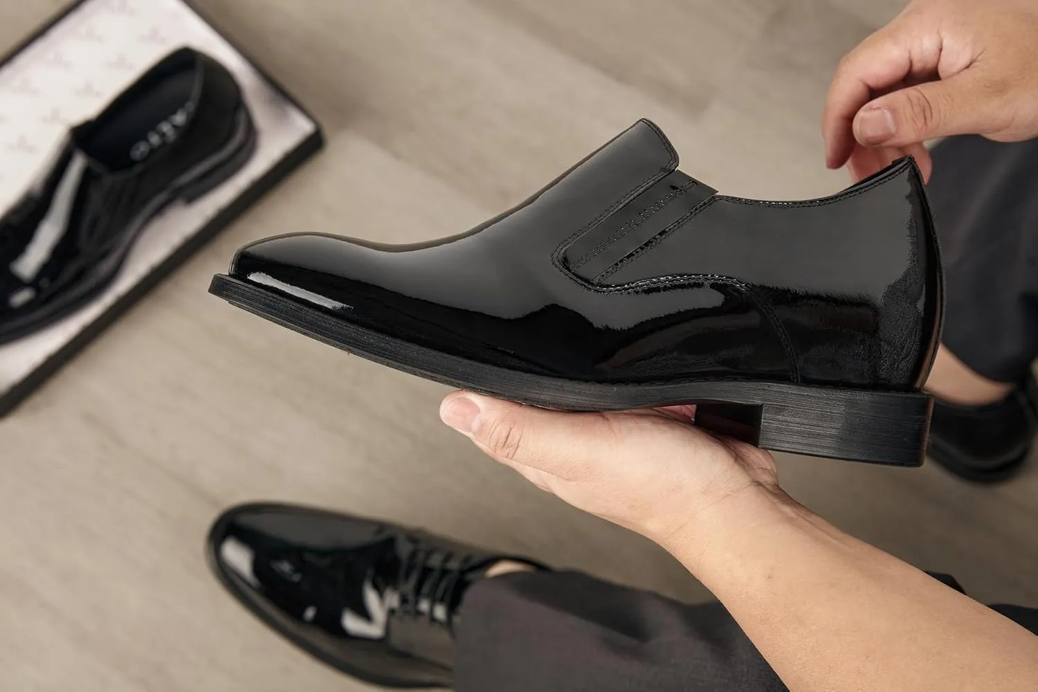 CALTO Men's Invisible Height Increasing Elevator Shoes - Black Patent Leather Slip-on Formal Dress Loafers - 2.8 Inches Taller - Y7402 - Size 11 D(M) US