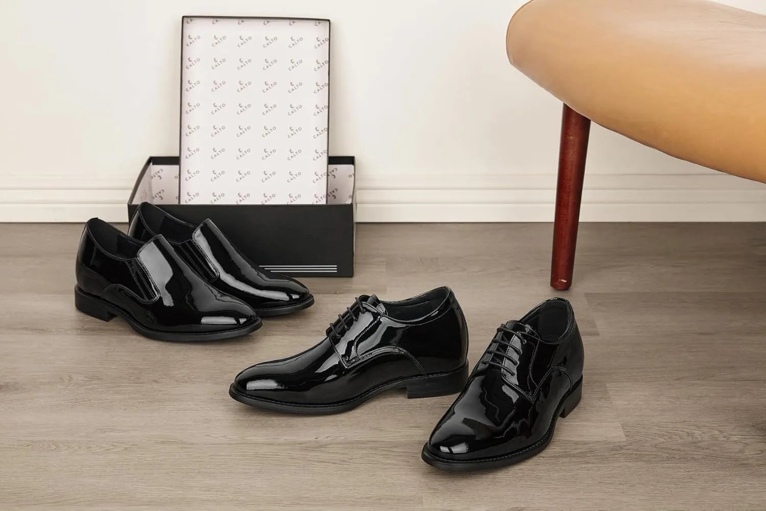 CALTO Men's Invisible Height Increasing Elevator Shoes - Black Patent Leather Slip-on Formal Dress Loafers - 2.8 Inches Taller - Y7402 - Size 11 D(M) US
