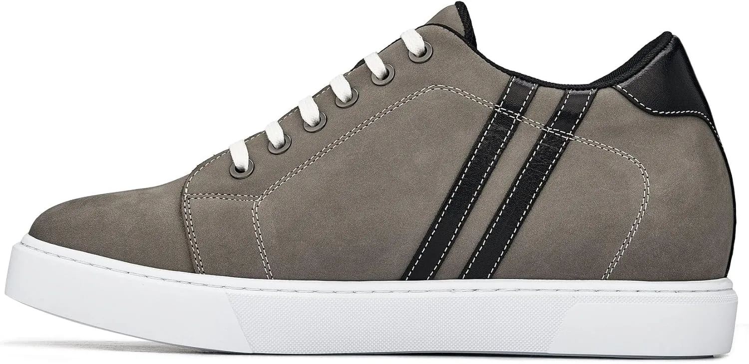 CALTO Men's Invisible Height Increasing Elevator Shoes - Nubuck Grey Leather Lace-up Fashion Sneakers - 2.8 Inches Taller - K1550 - Size 12 D(M) US