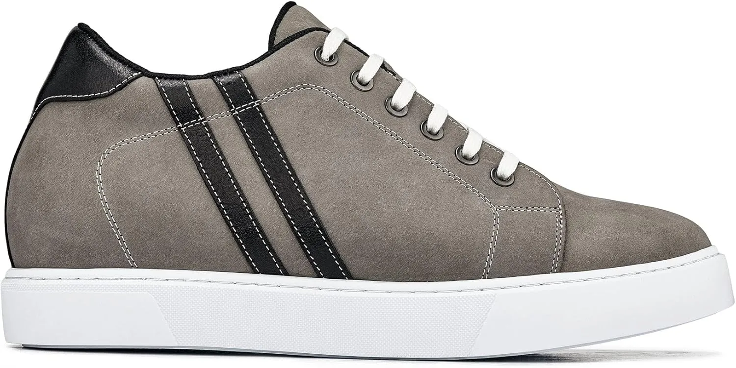 CALTO Men's Invisible Height Increasing Elevator Shoes - Nubuck Grey Leather Lace-up Fashion Sneakers - 2.8 Inches Taller - K1550 - Size 12 D(M) US