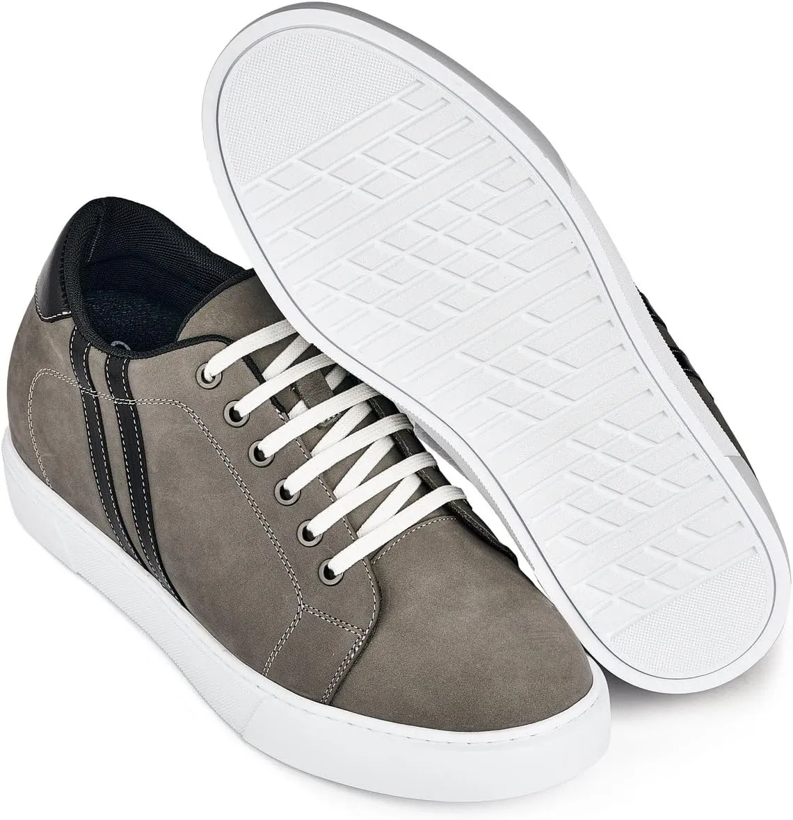 CALTO Men's Invisible Height Increasing Elevator Shoes - Nubuck Grey Leather Lace-up Fashion Sneakers - 2.8 Inches Taller - K1550 - Size 12 D(M) US