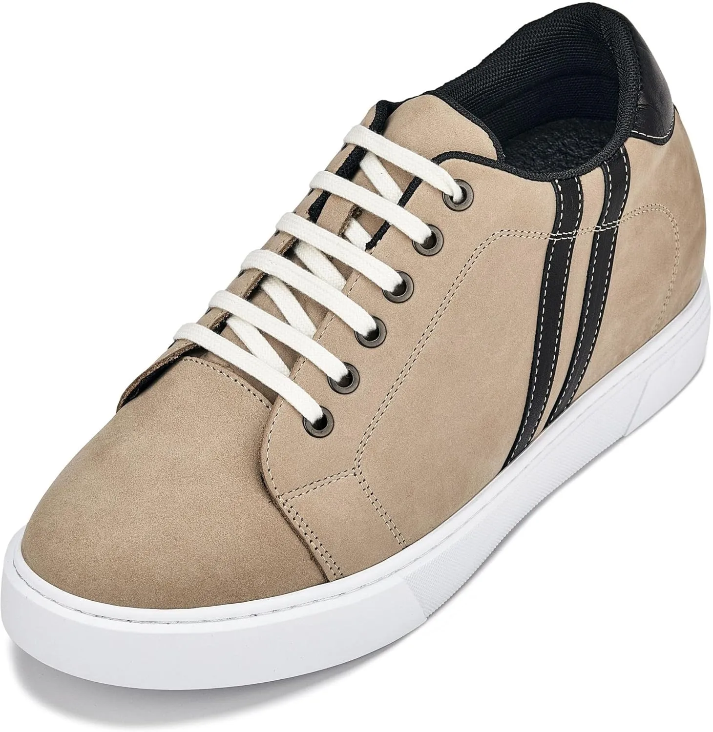 CALTO Men's Invisible Height Increasing Elevator Shoes - Nubuck Taupe Leather Lace-up Fashion Sneakers - 2.8 Inches Taller - K1552 - Size 9 D(M) US