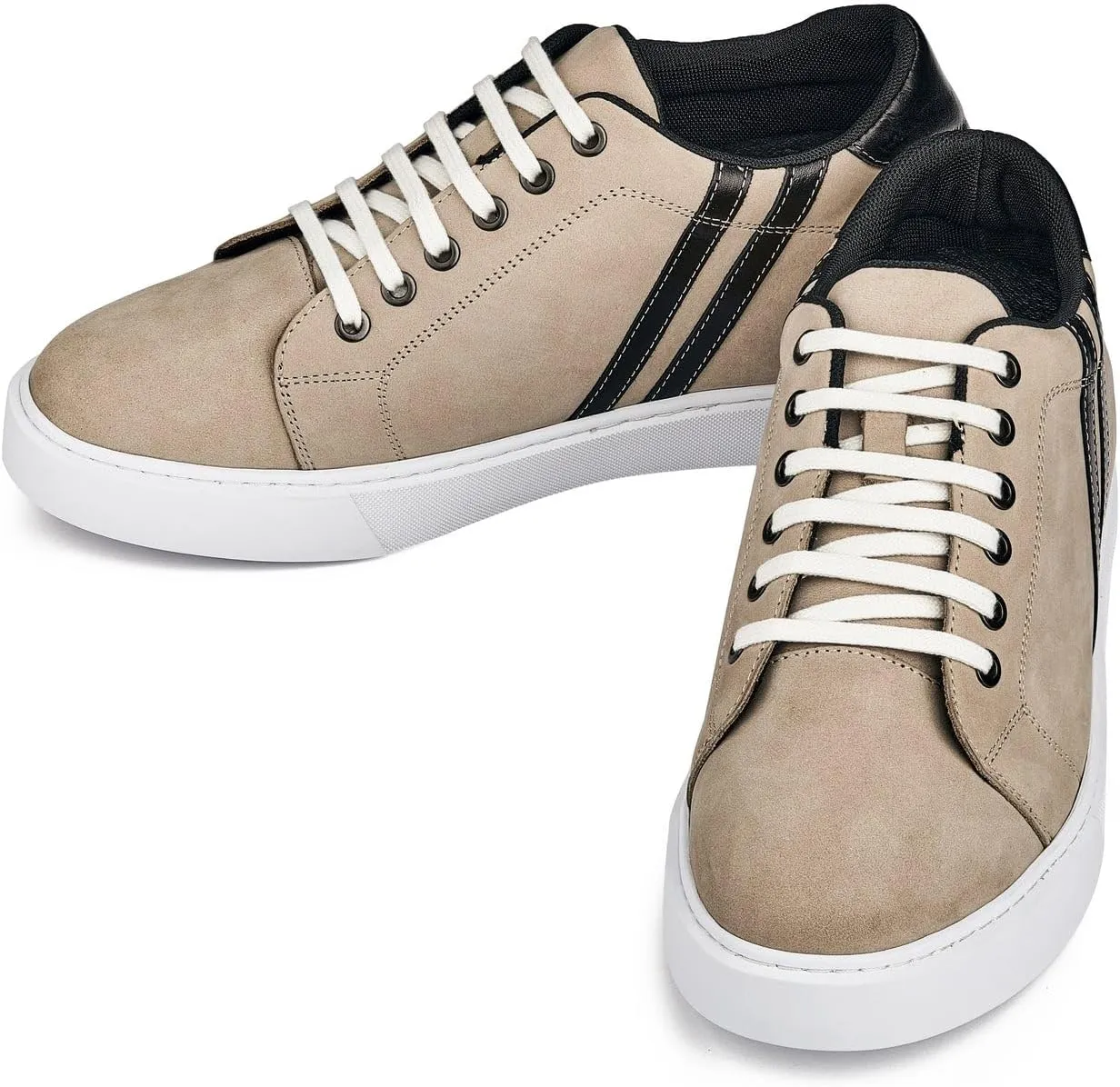 CALTO Men's Invisible Height Increasing Elevator Shoes - Nubuck Taupe Leather Lace-up Fashion Sneakers - 2.8 Inches Taller - K1552 - Size 9 D(M) US