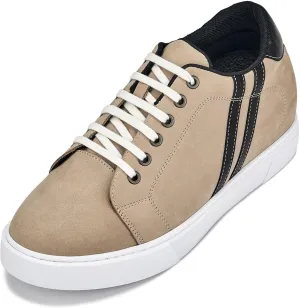 CALTO Men's Invisible Height Increasing Elevator Shoes - Nubuck Taupe Leather Lace-up Fashion Sneakers - 2.8 Inches Taller - K1552 - Size 9 D(M) US
