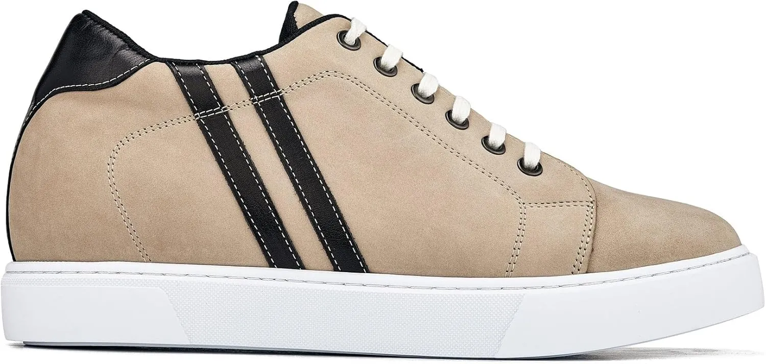CALTO Men's Invisible Height Increasing Elevator Shoes - Nubuck Taupe Leather Lace-up Fashion Sneakers - 2.8 Inches Taller - K1552 - Size 9 D(M) US