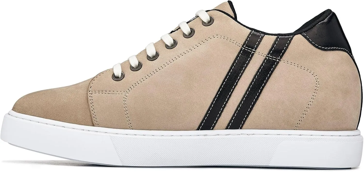 CALTO Men's Invisible Height Increasing Elevator Shoes - Nubuck Taupe Leather Lace-up Fashion Sneakers - 2.8 Inches Taller - K1552 - Size 9 D(M) US