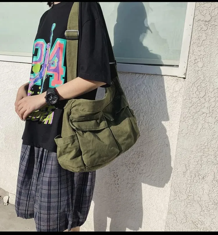 Canvas Messenger Vintage Bag Letter Pattern Crossbody Bag Emo Goth Shoulder Satchels Y2K Harajuku Bag Grunge Handbag