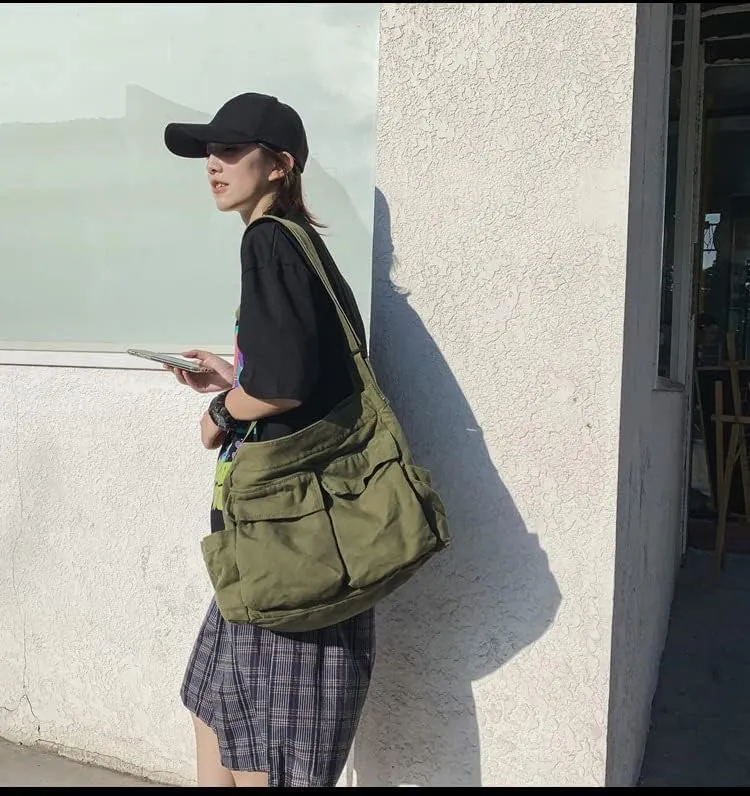 Canvas Messenger Vintage Bag Letter Pattern Crossbody Bag Emo Goth Shoulder Satchels Y2K Harajuku Bag Grunge Handbag