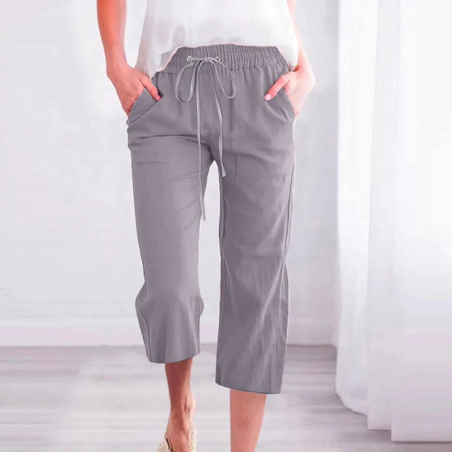 Capri Pants for Women Casual 2025 Summer Drawstring Elastic High Waist Cotton Linen Pant Straight Wide Leg Cropped