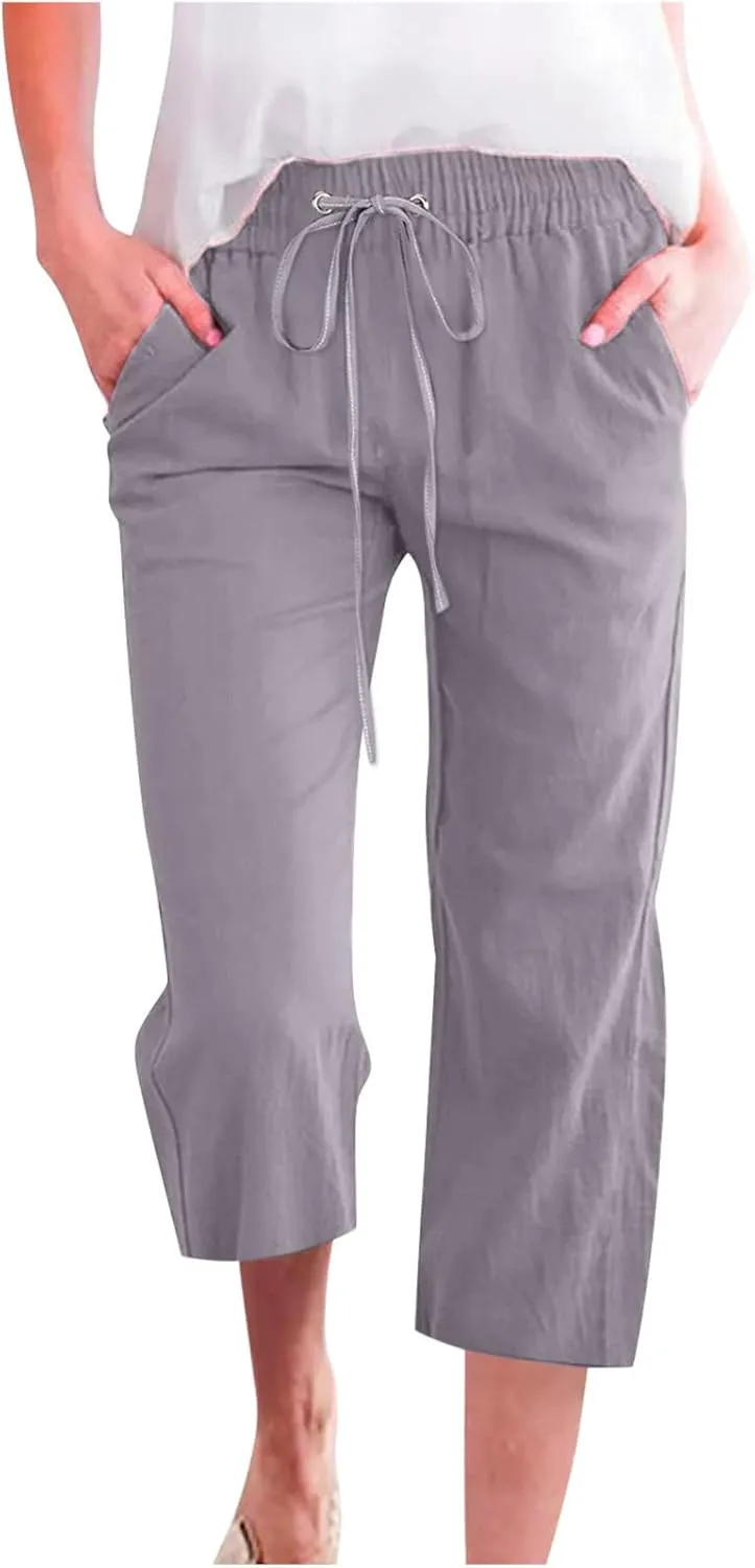 Capri Pants for Women Casual 2025 Summer Drawstring Elastic High Waist Cotton Linen Pant Straight Wide Leg Cropped