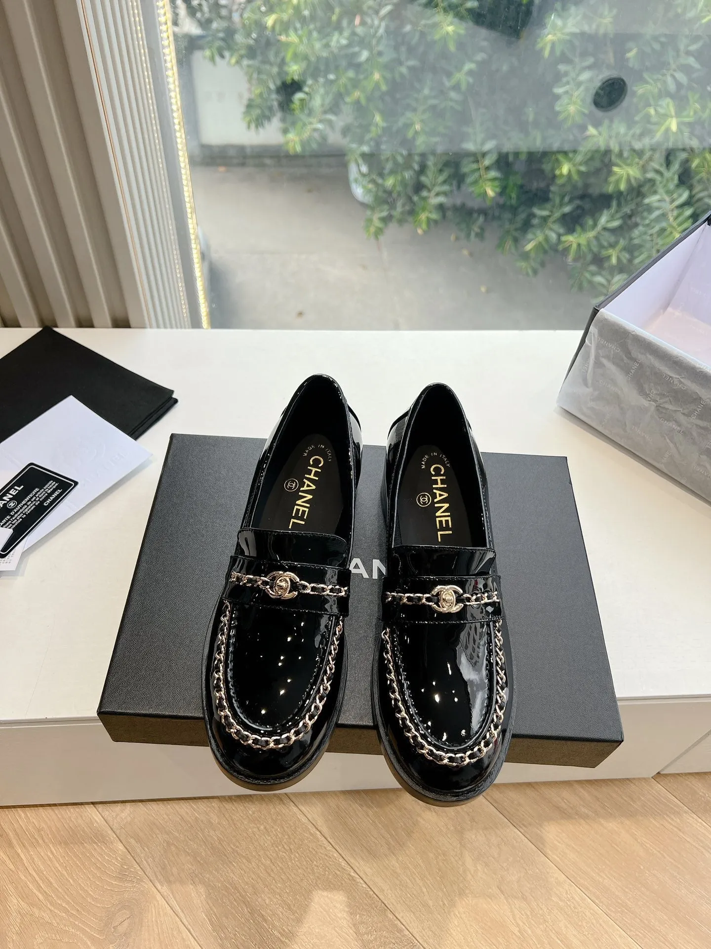 CC Moccasins Glossy Black Chain Lambskin