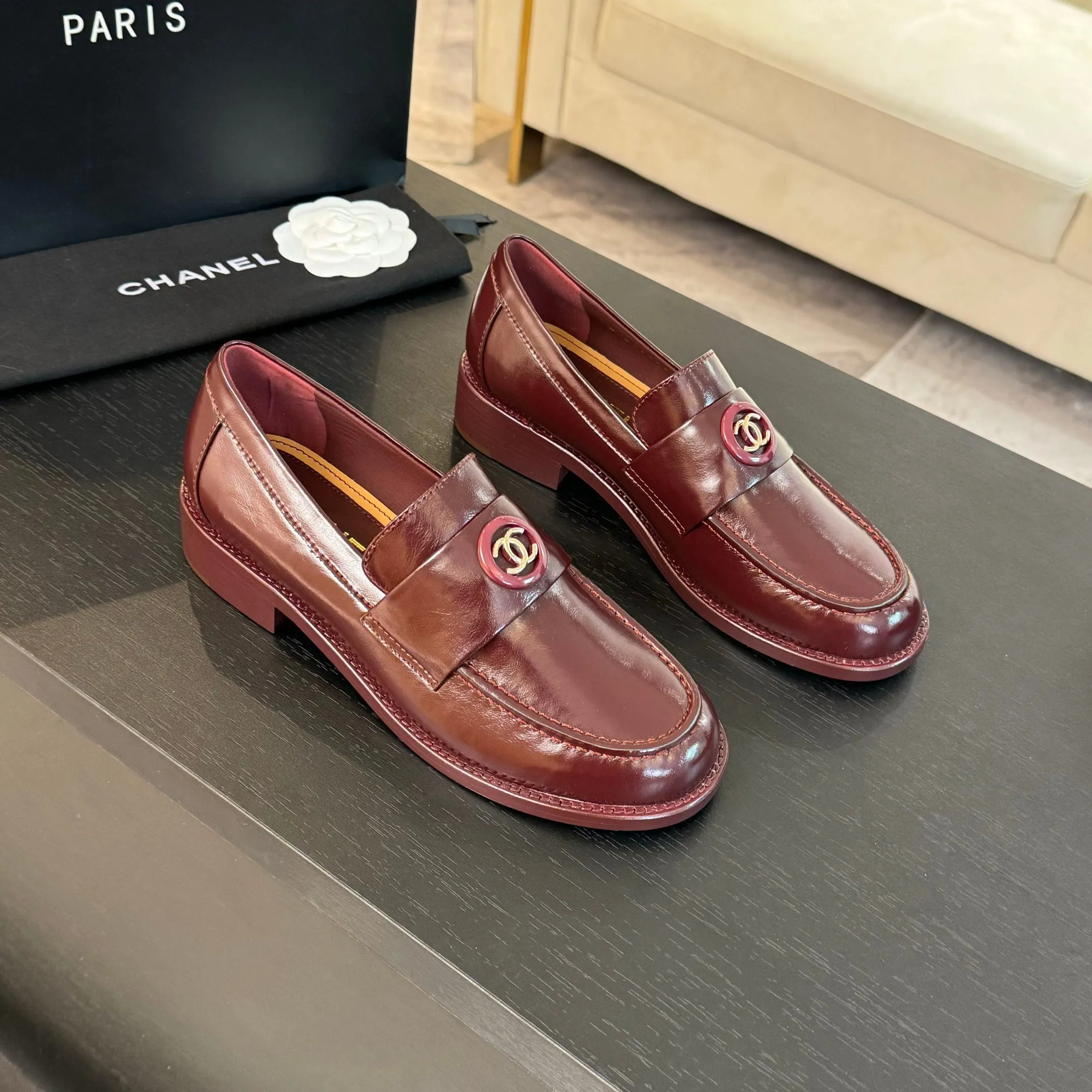 CC Moccasins Glossy Reddish Brown Cowhide