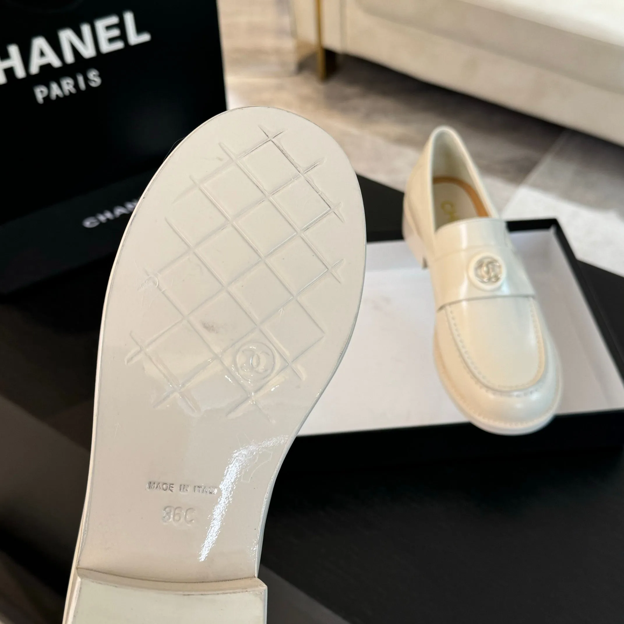 CC Moccasins Glossy White Cowhide